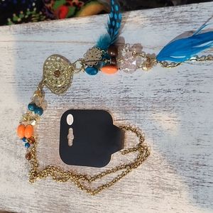 3/$18 Goldtone Necklace with Colored Beads and Feathers - New - Lot 711